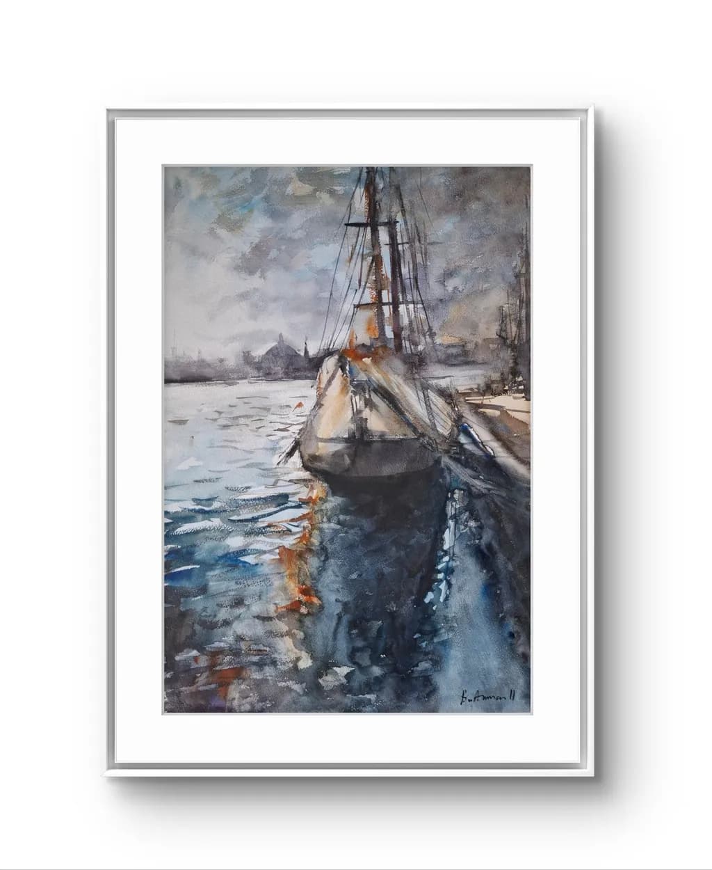 Serenity on the Water: A Watercolor Reflection of a Sailboat at Dusk