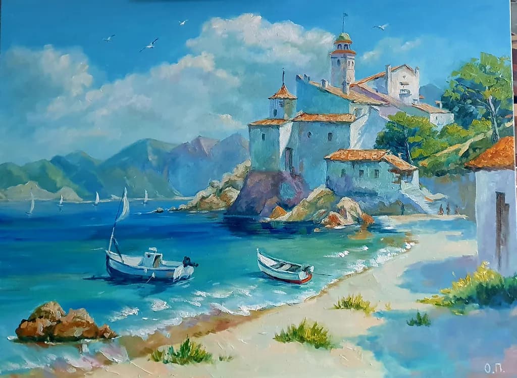 Serene Coastal Escape: Vibrant Boats and Charming Architecture by the Shore