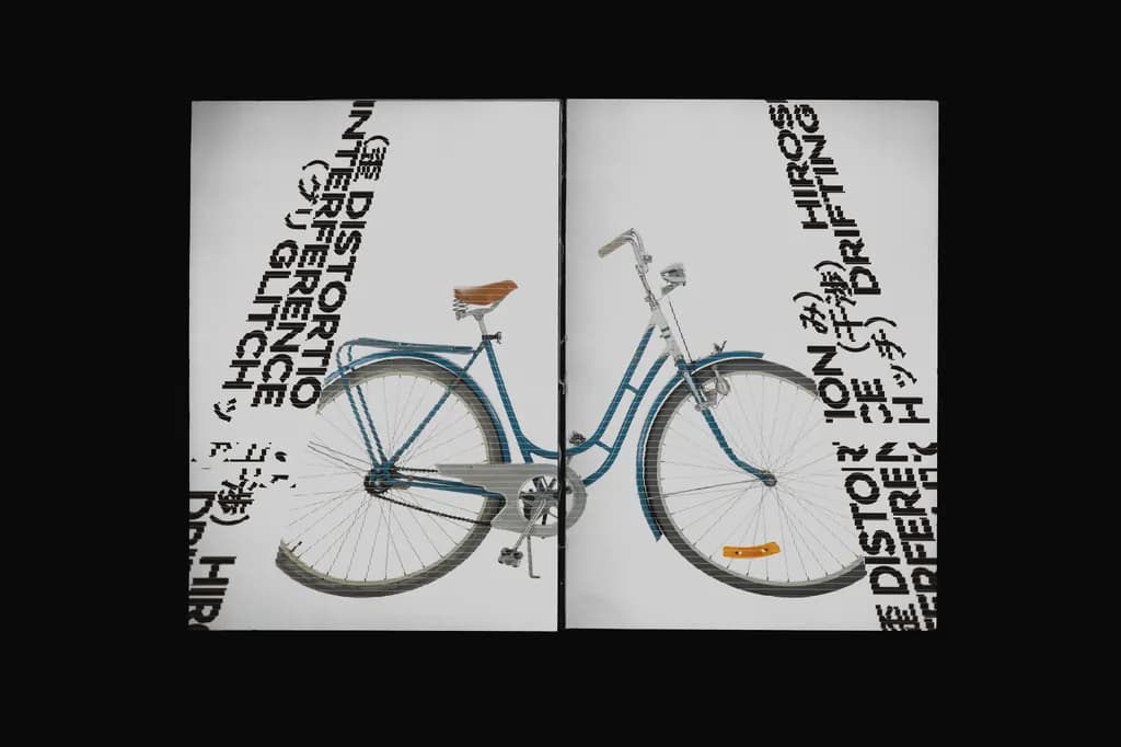 《Distortion of Reference: Glitch in Motion》  
Through the interplay of typographic disruption and the bicycle's form, I examine the collision of order and chaos. This piece invites contemplation on the nature of visual perception and the meaninglessness inherent in symbols.  
#ExperimentalDesign #Typography #ContemporaryArt