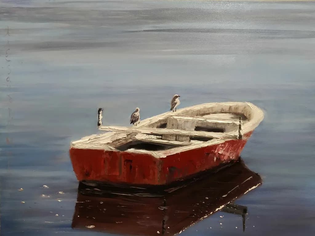 Serenity on Water: A Red Boat's Reflection with Birds in Tranquil Waters