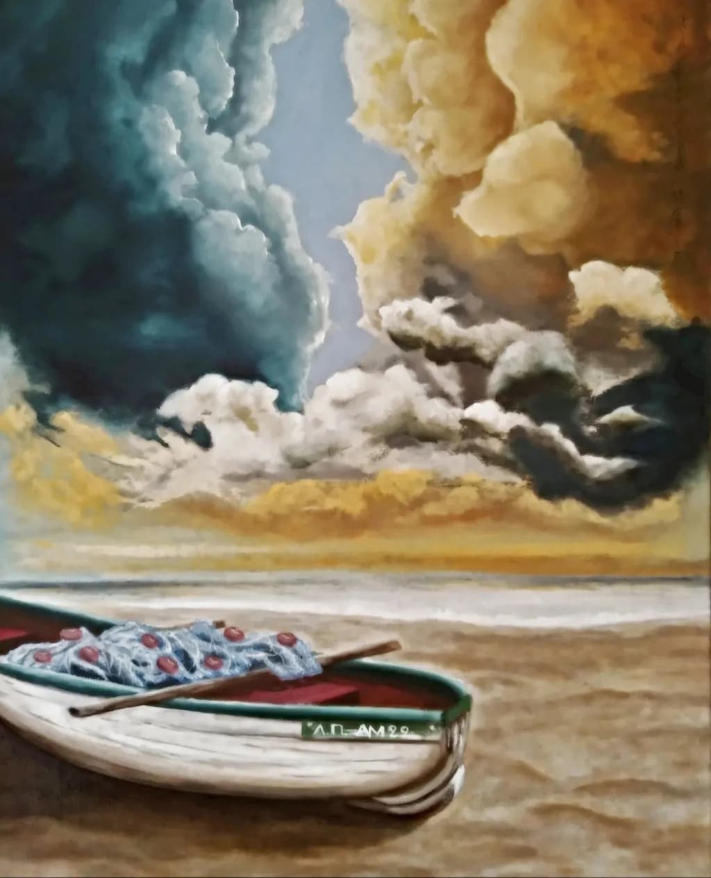 Serenity at Sea: A Tranquil Boat Beneath Dramatic Skies