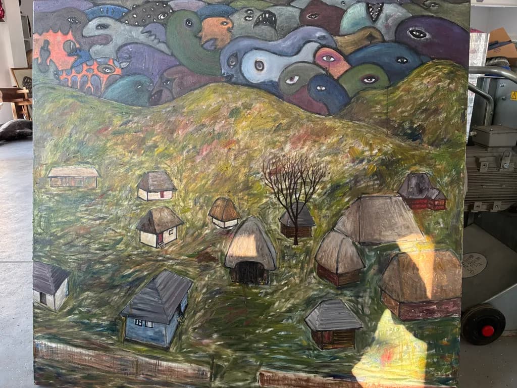 Whimsical Eyes Over a Colorful Landscape: An Abstract Journey Through Imagination