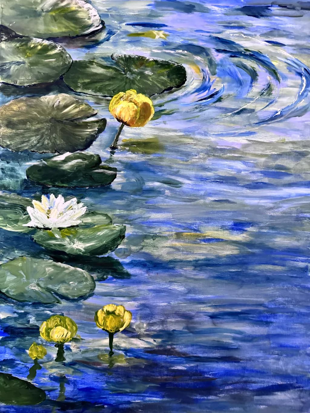 Serenity in Blue: Reflections of Water Lilies and Gentle Ripples