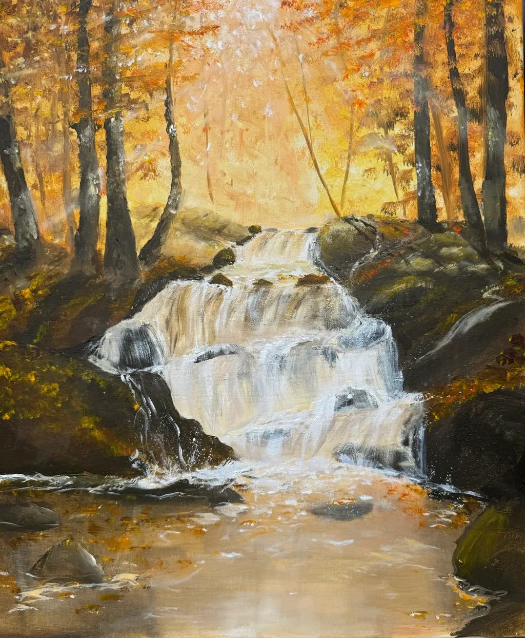 Whispers of Autumn: A Serene Waterfall in Golden Hues
