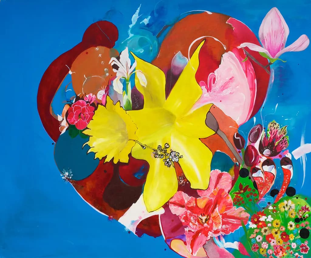 Vibrant Whimsy: A Colorful Dance of Abstract Florals on Blue Canvas