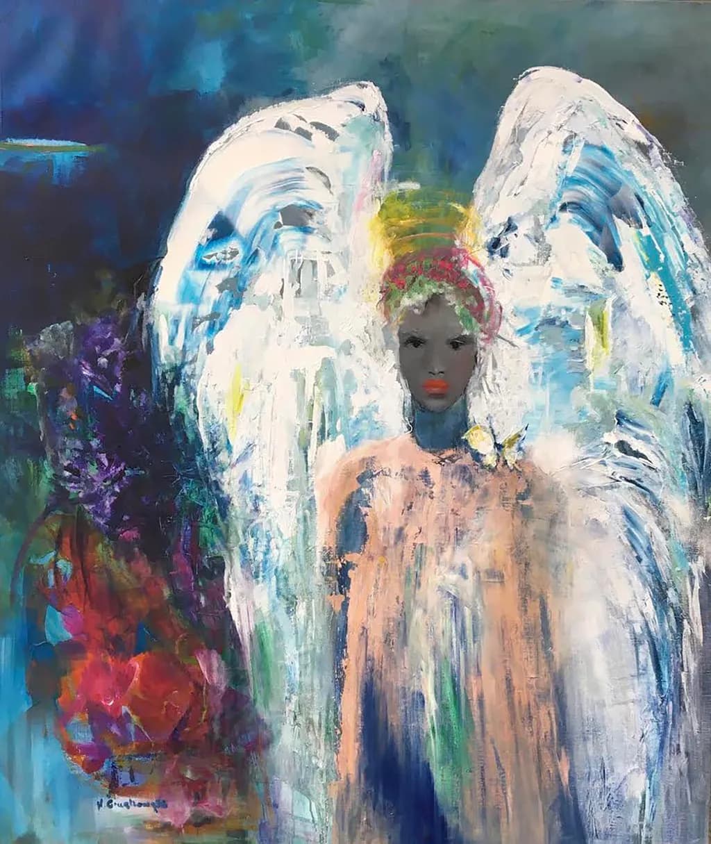 Celestial Embrace: A Vibrant Angelic Presence in Abstract Harmony
