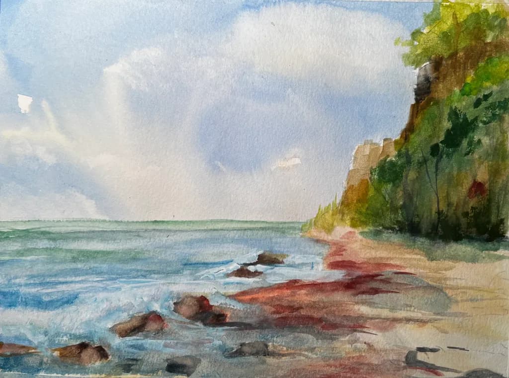 Whispers of the Shore: A Serene Watercolor Landscape of Cliffs and Waves