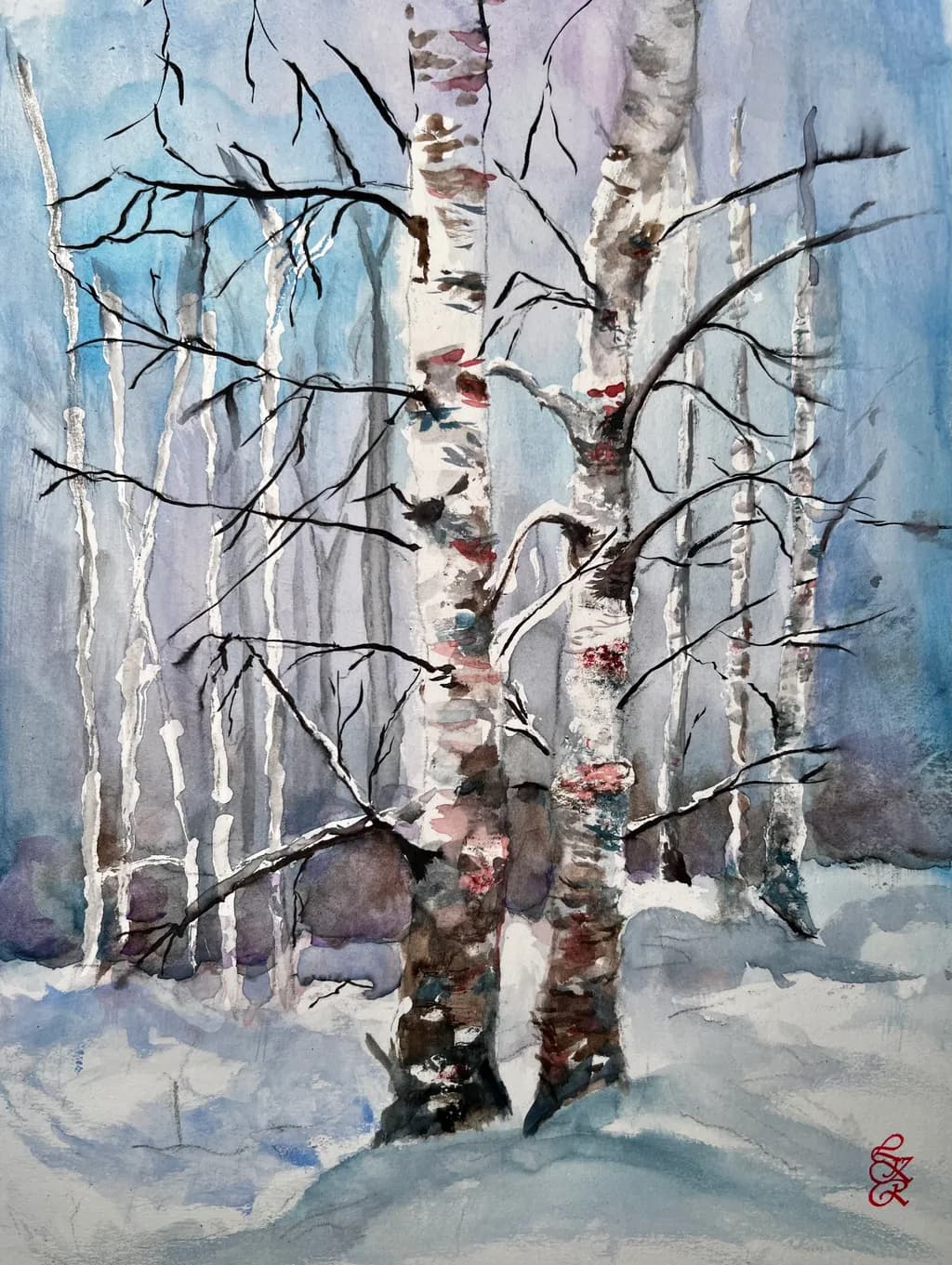 Whispers of Winter: A Serene Birch Forest in Watercolor