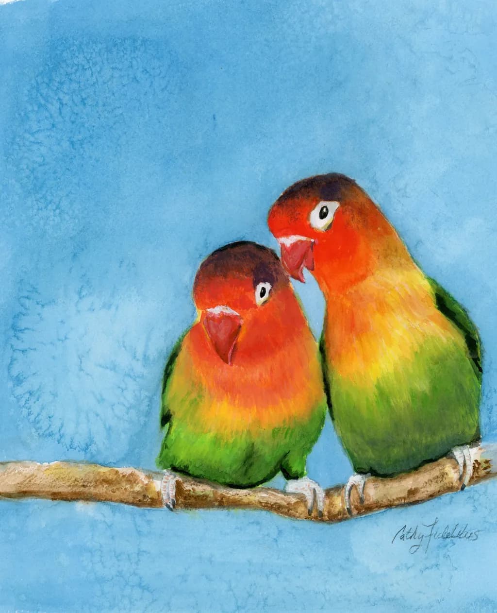 Colorful Affection: Lovebirds on a Branch in Vibrant Watercolor Bliss
