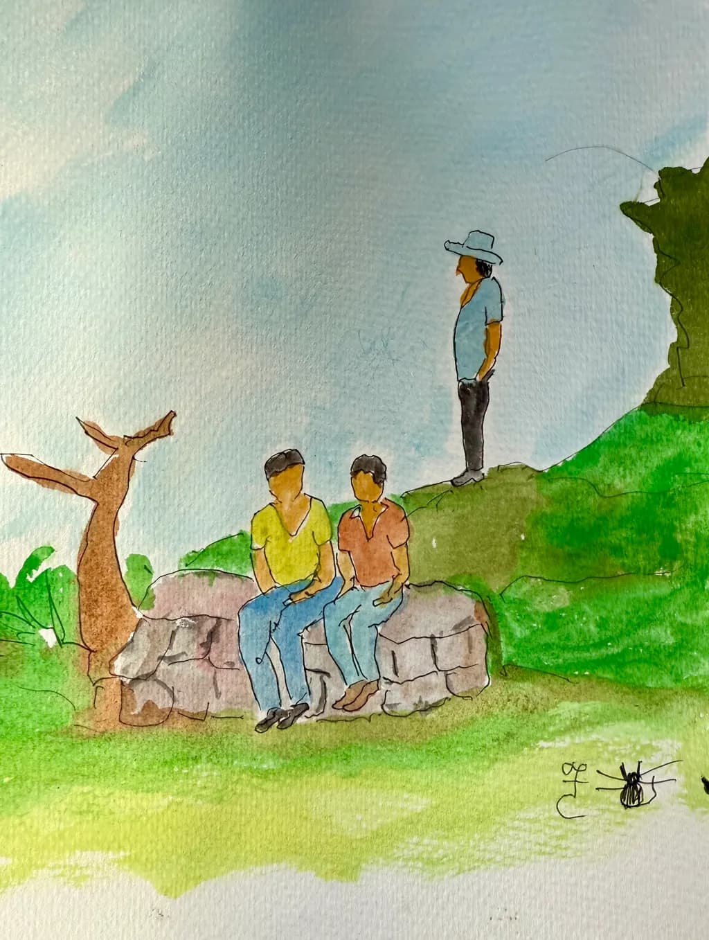 Whispers of Friendship: A Serene Watercolor Landscape of Nature and Connection