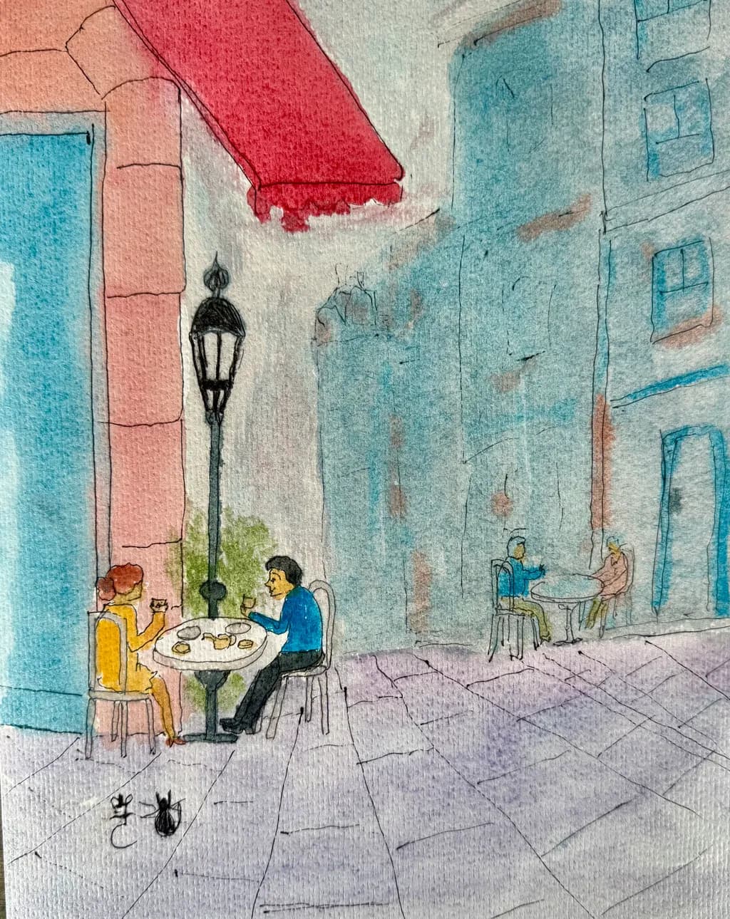 Café Conversations: A Serene Moment in Watercolor Bliss