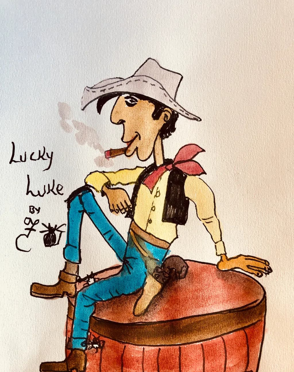 Whimsical Cowboy Character: Lucky Luke on a Barrel