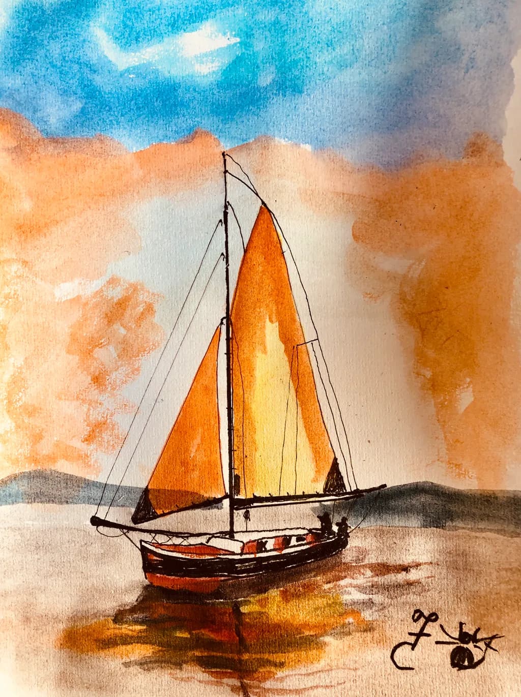 Serene Sunset Sail: A Watercolor Journey Across the Orange Sky