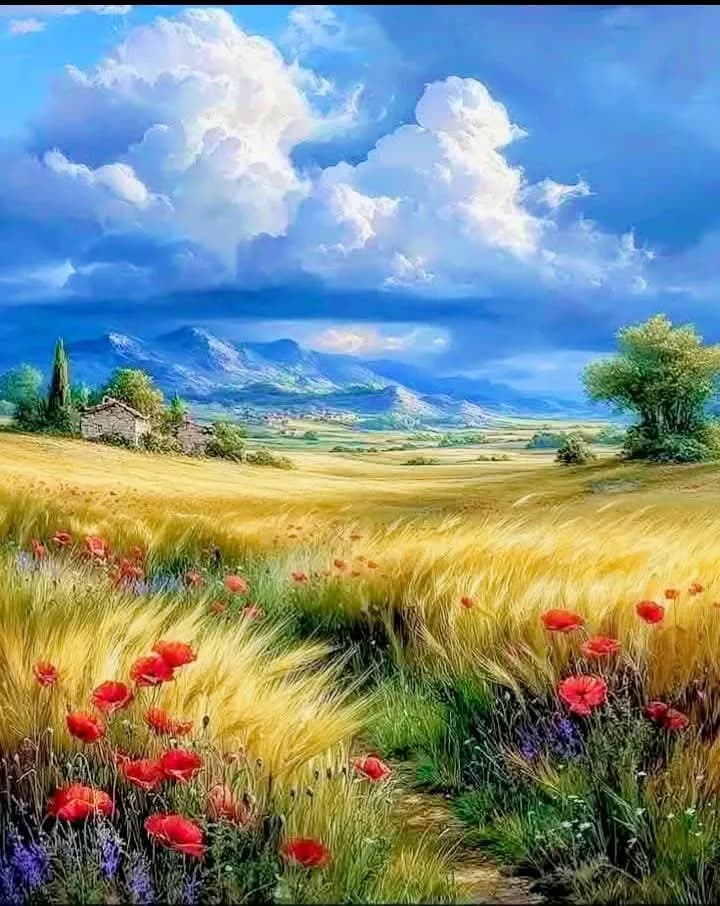 Whispers of Nature: A Vibrant Landscape of Fields and Flowers Under a Dreamy Sky