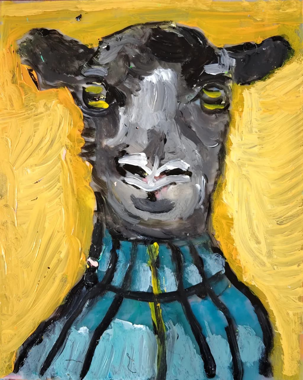 Whimsical Portrait of a Stylish Sheep Against a Vibrant Yellow Background
