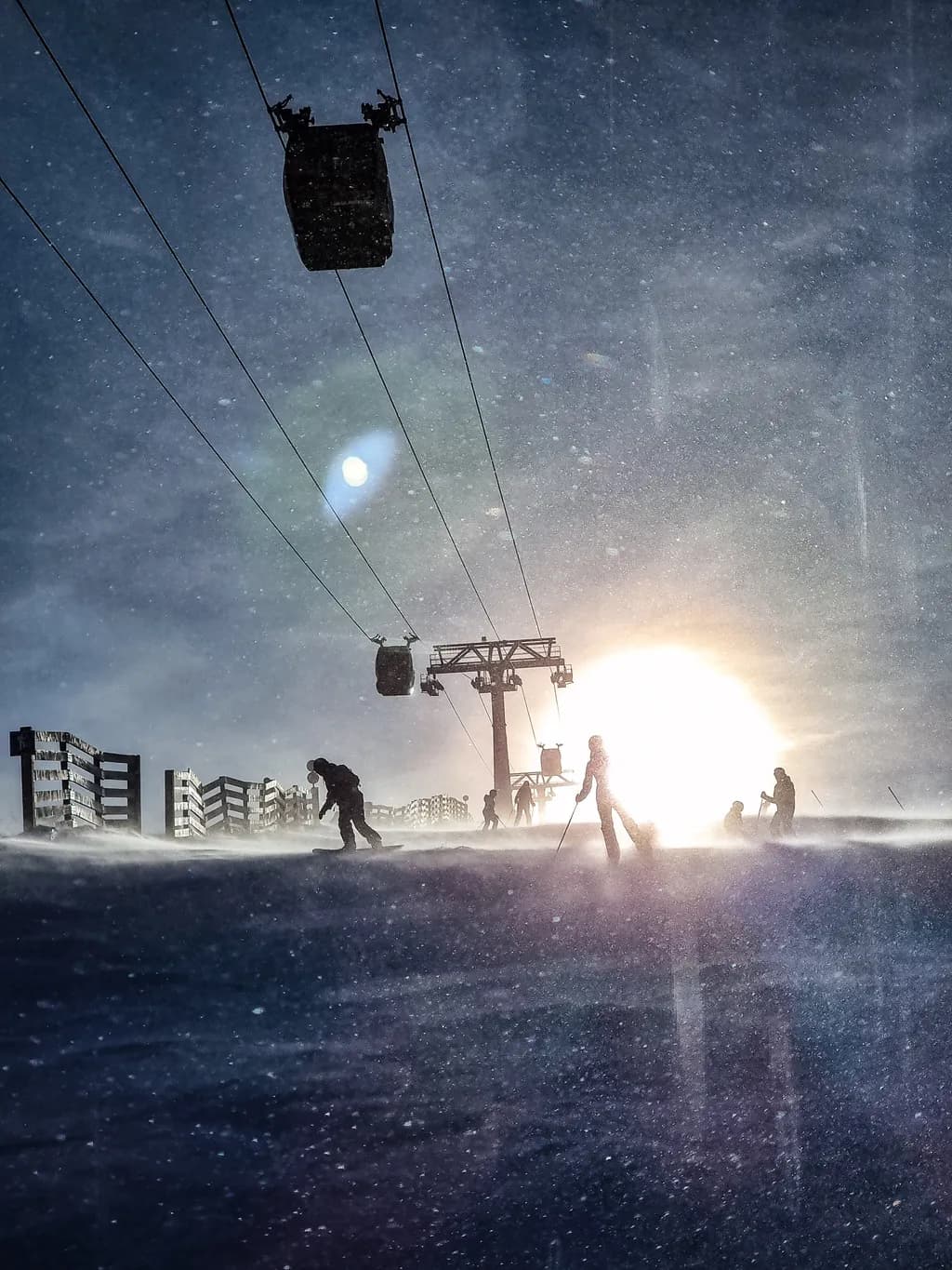 Whispers of Winter: A Sunset Skiing Adventure in the Snowstorm