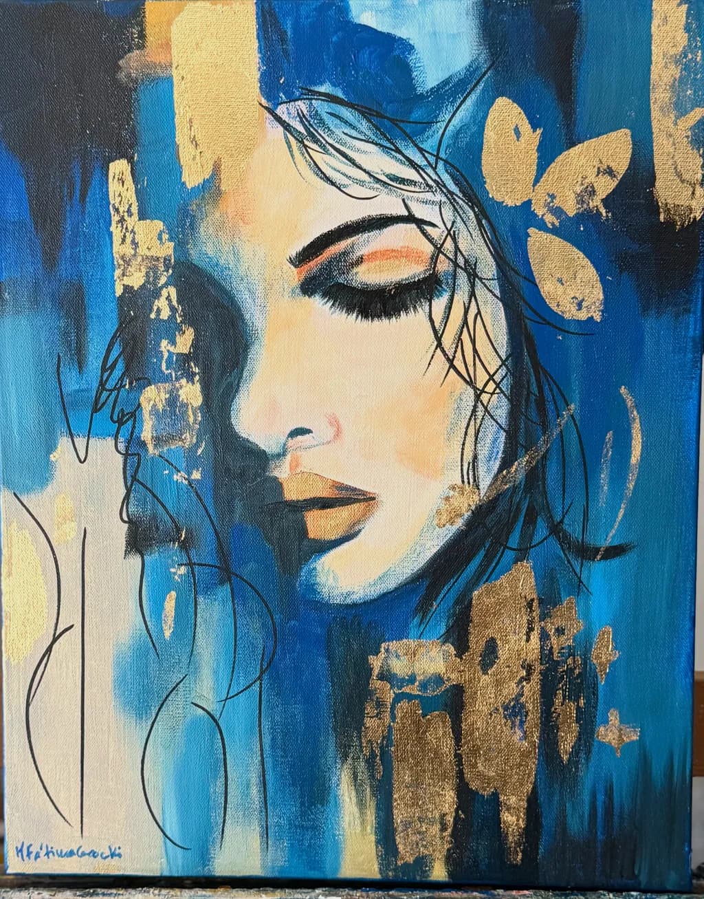 Whispers of Elegance: A Serene Portrait in Blue and Gold