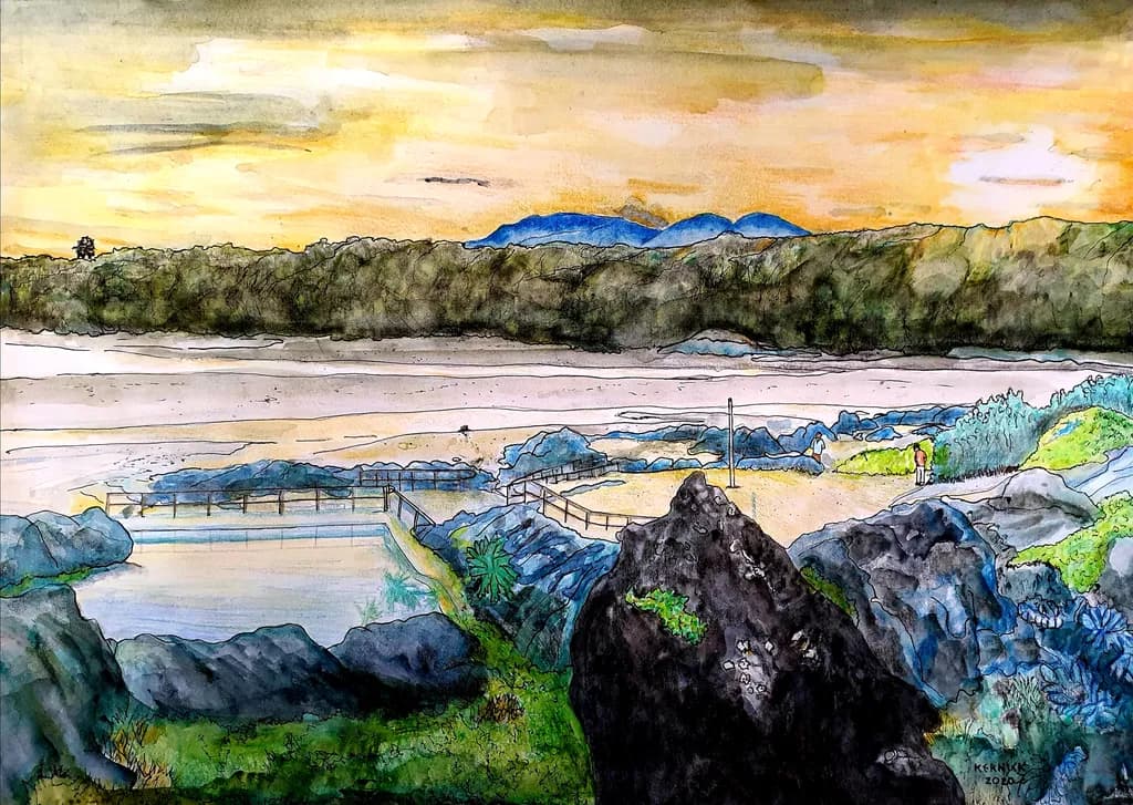 Serenity at Dusk: A Watercolor Landscape of Rocks and Sky