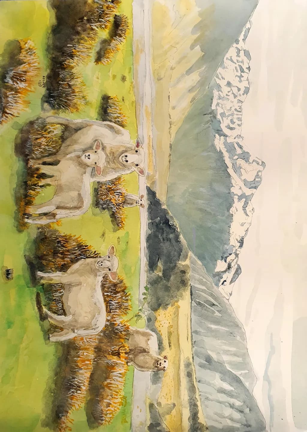 Whispers of the Highlands: A Serene Watercolor of Sheep Amidst Majestic Mountains