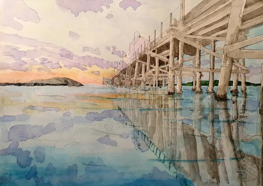Serenity at Dusk: Reflections of a Pier in Watercolor Dreams