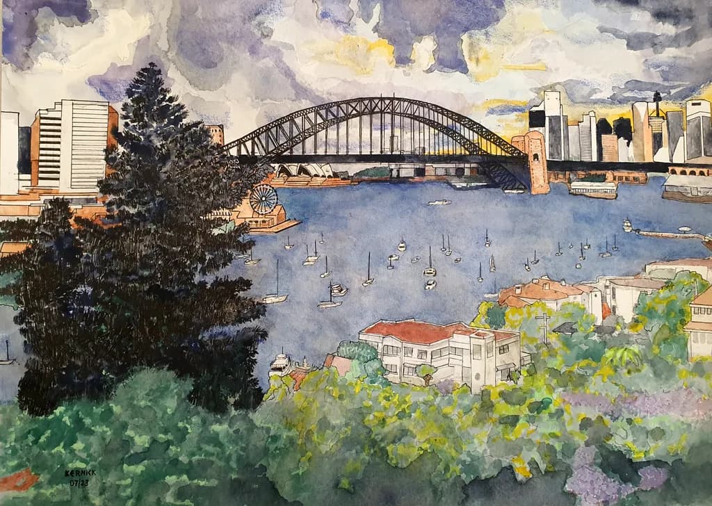 Harbor Serenity: A Watercolor Journey Through the Cityscape and Skyline