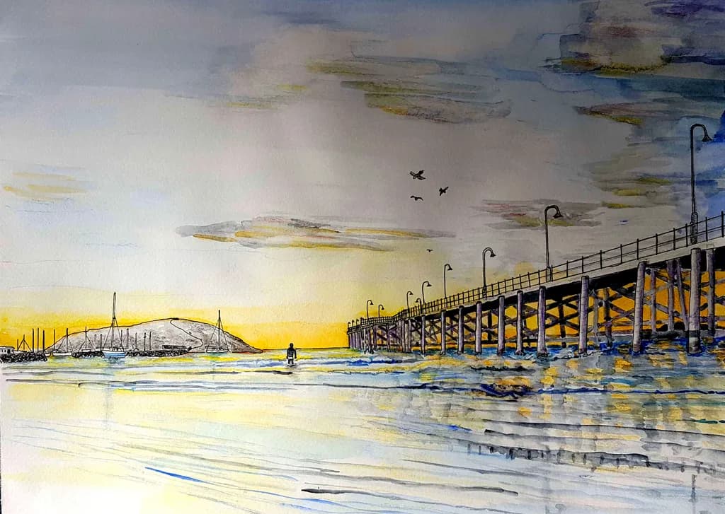 Serene Sunset Over the Pier: A Watercolor Beach Landscape