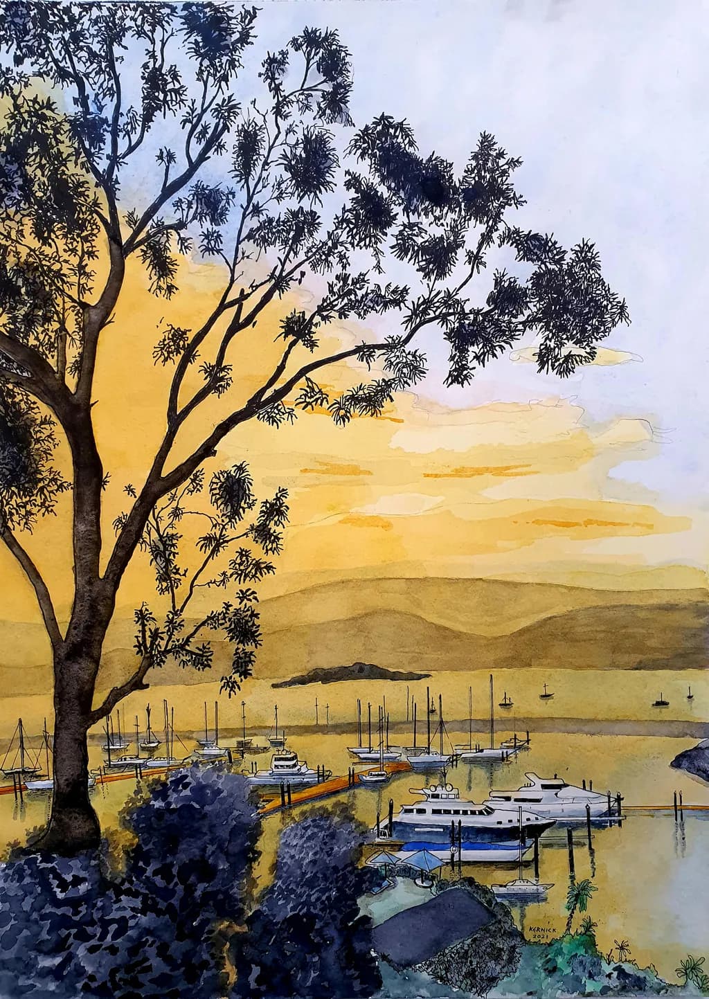 Serene Sunset at the Marina: A Watercolor Landscape of Boats and Nature