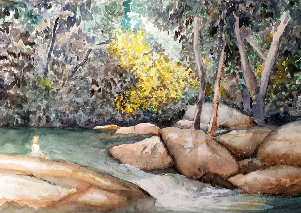 Whispers of Serenity: A Child's Reflection by the Tranquil Stream