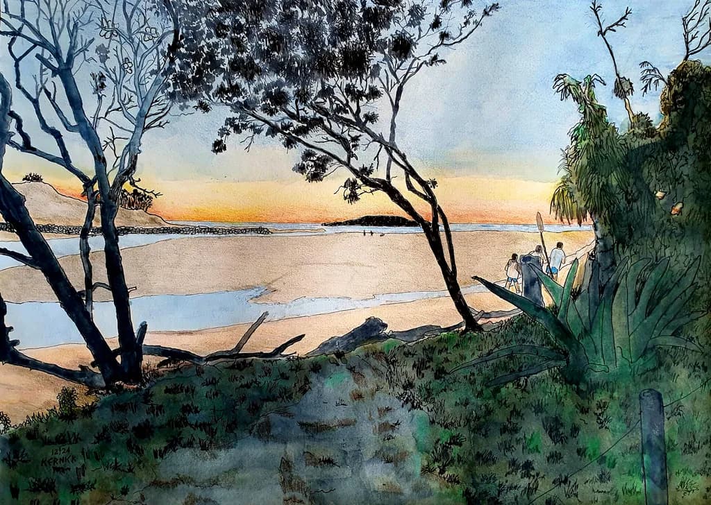 Serene Sunset: A Tranquil Landscape of Silhouettes by the Water's Edge