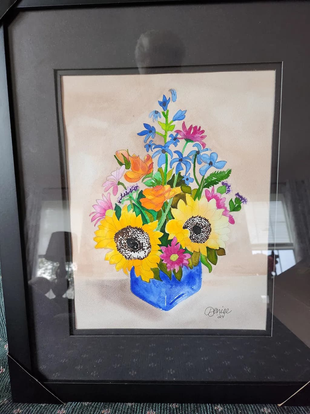 Vibrant Blooms: A Colorful Watercolor Floral Arrangement in Blue Vase