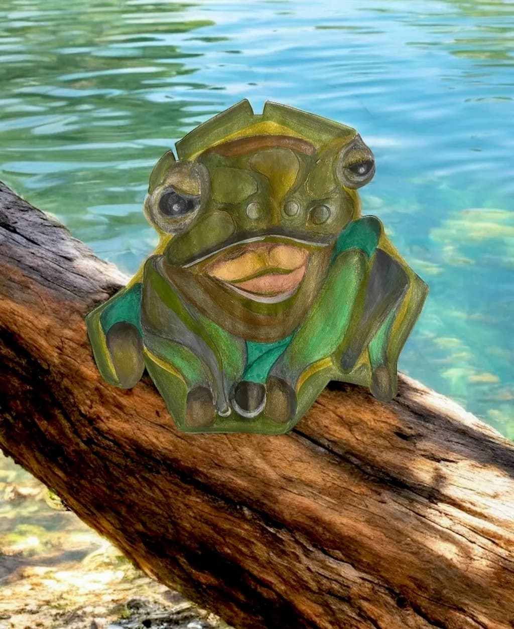 Whimsical Frog Sculpture: Nature's Green Guardian by the Water's Edge