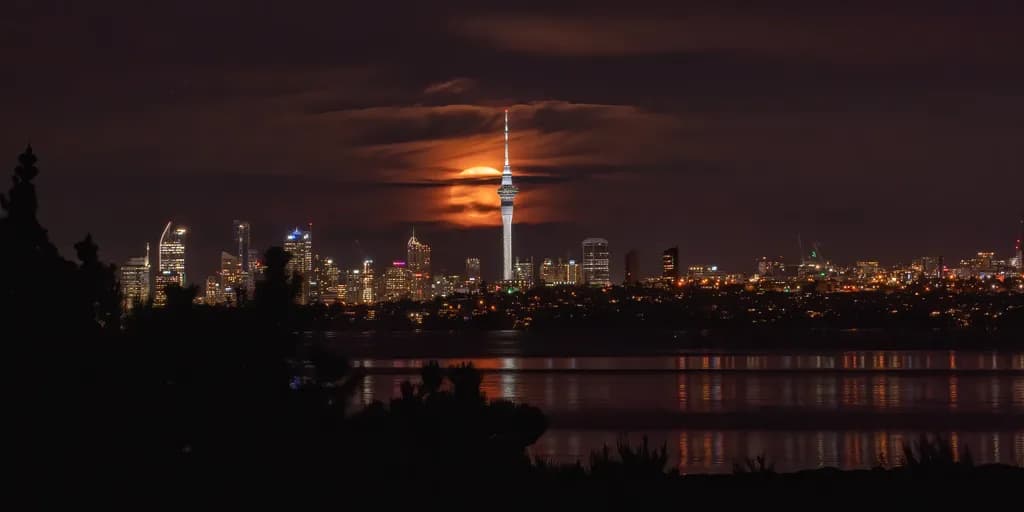 Moonlit Reflections: A Serene Urban Skyline at Night