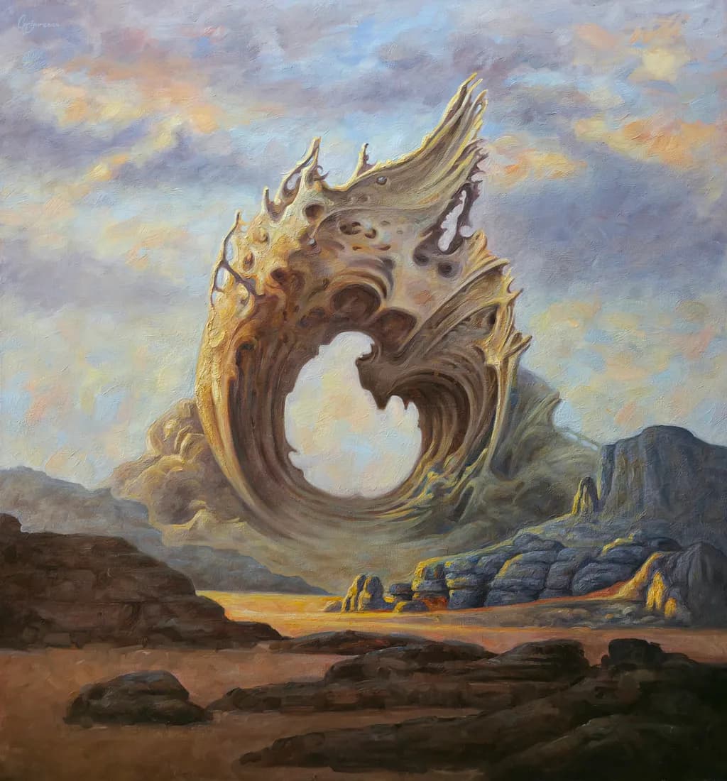 Whimsical Whirlwind: A Surreal Landscape of Clouds and Rocky Formations