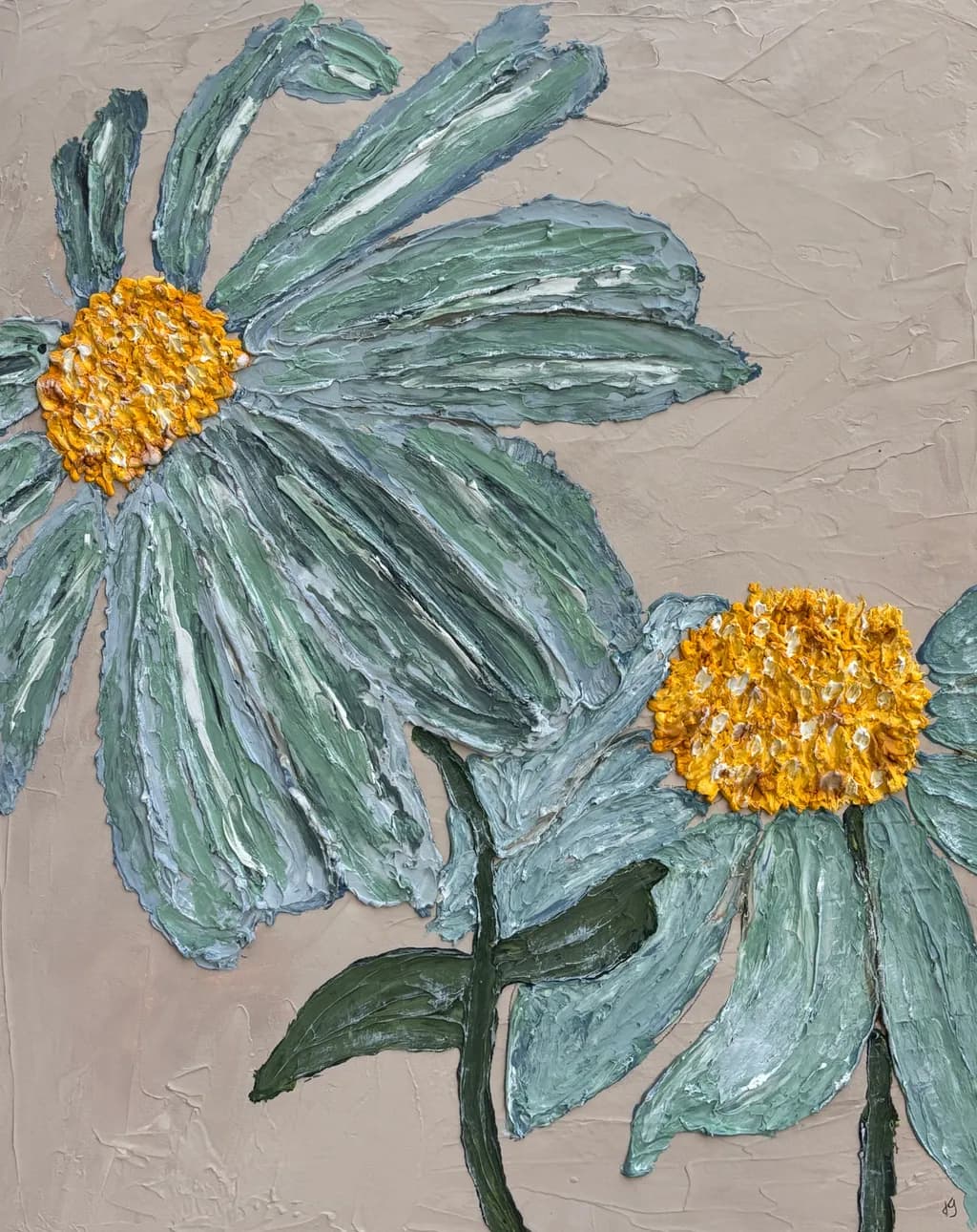 Whispers of Spring: Textured Floral Harmony in Soft Greens and Golden Hues