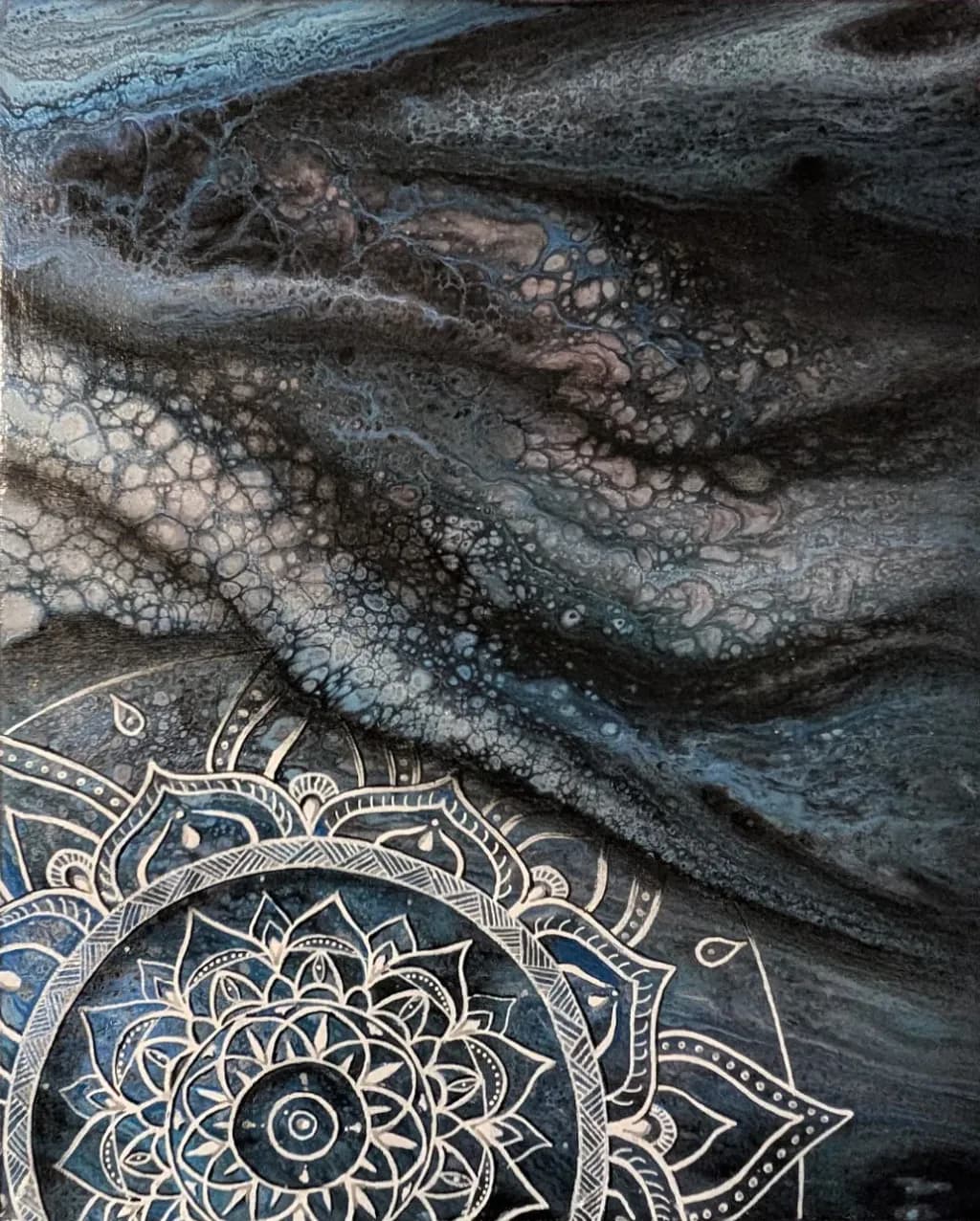 Celestial Mandala: A Dance of Blue Swirls and Fluid Abstraction