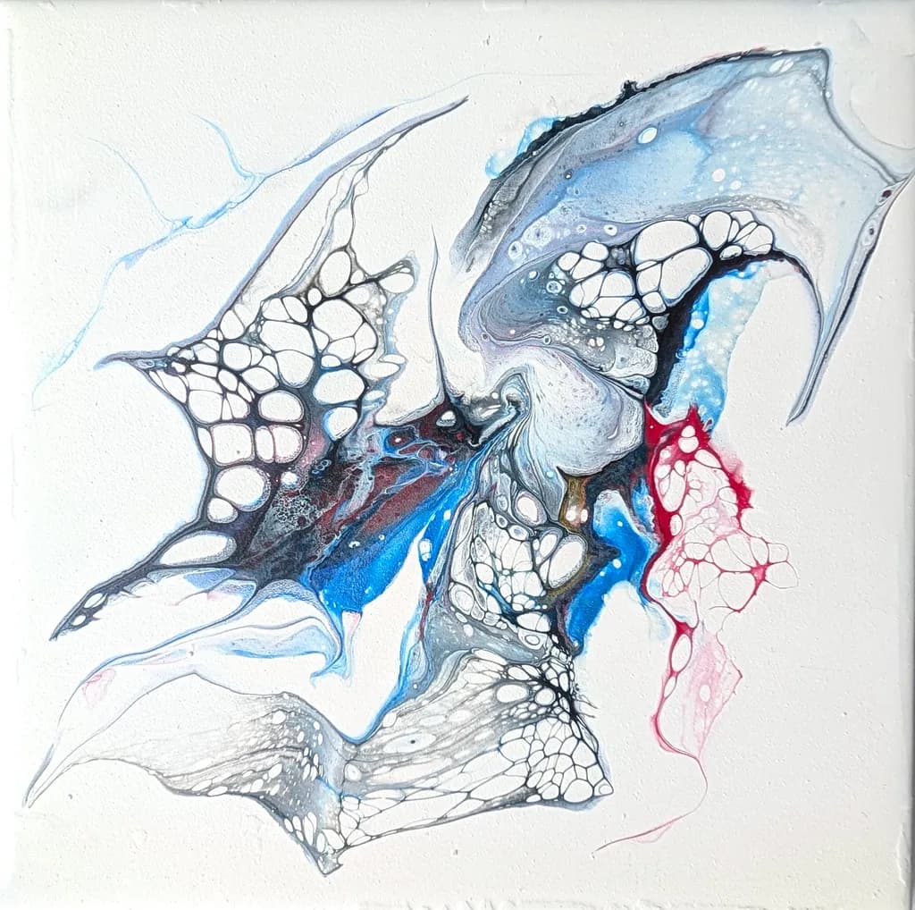 Whispers of Color: A Fluid Dance of Blue, Red, and Silver
