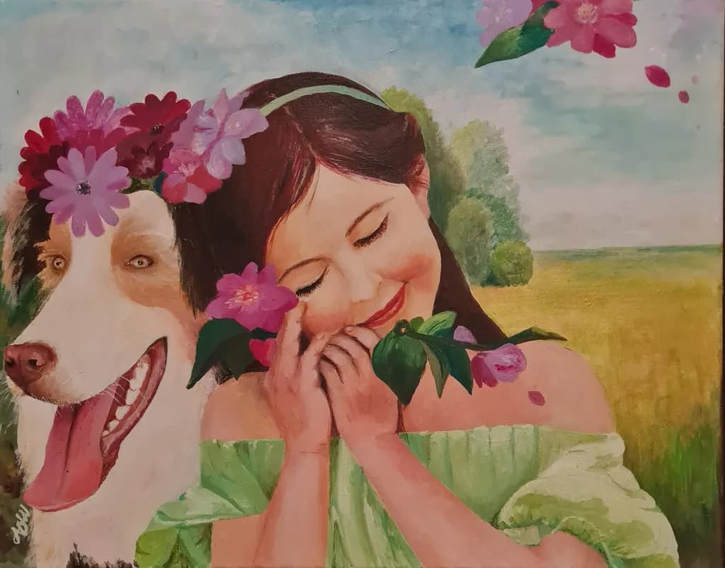 Whispers of Joy: A Girl, Her Dog, and a Blooming Meadow of Happiness