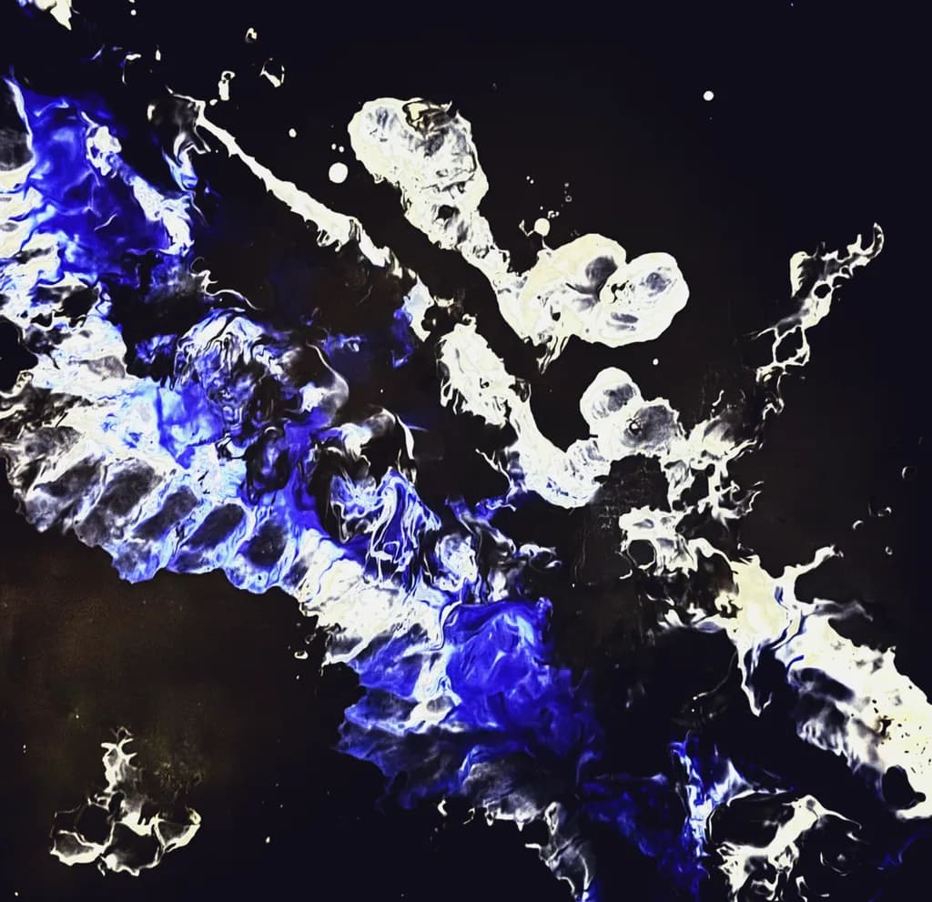 Celestial Waves: A Dance of Blue and White on Black Canvas
