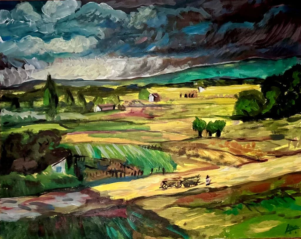Whispers of the Storm: A Dramatic Landscape of Farmland and Clouds