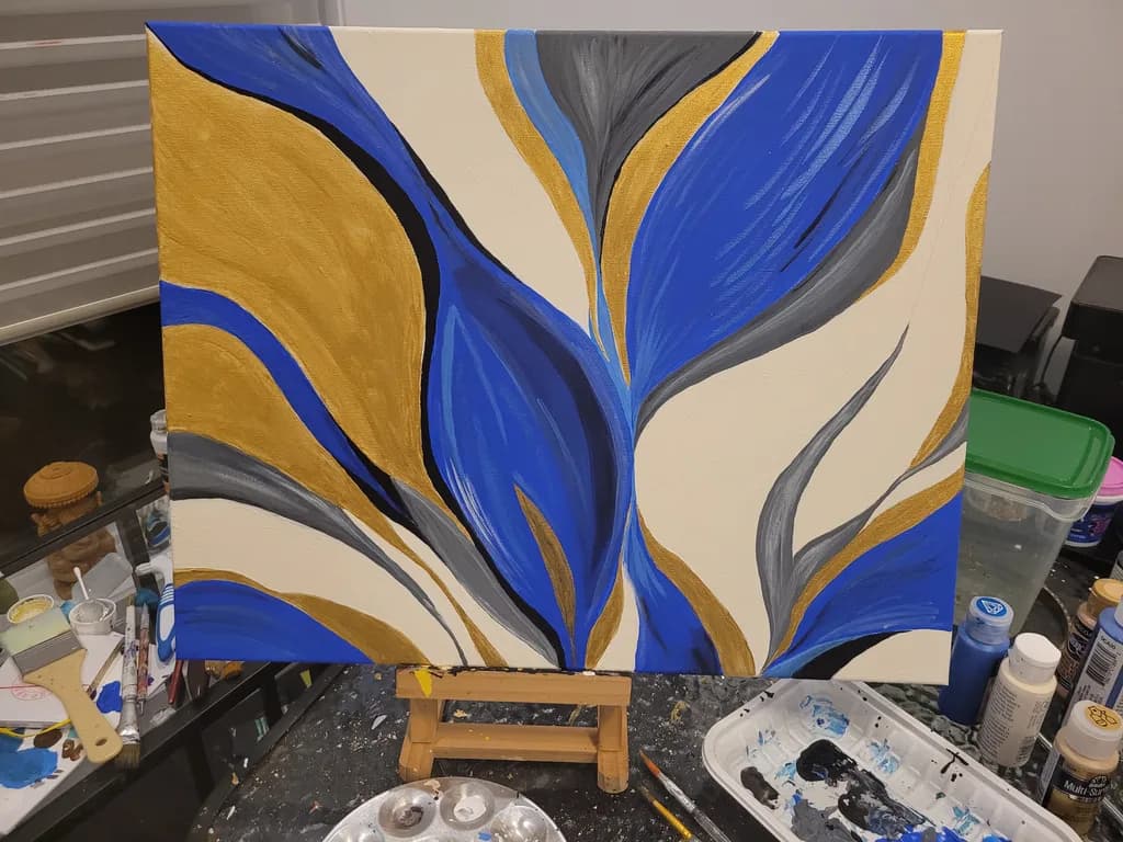 Whispers of Blue and Gold: A Dance of Flowing Lines and Textures