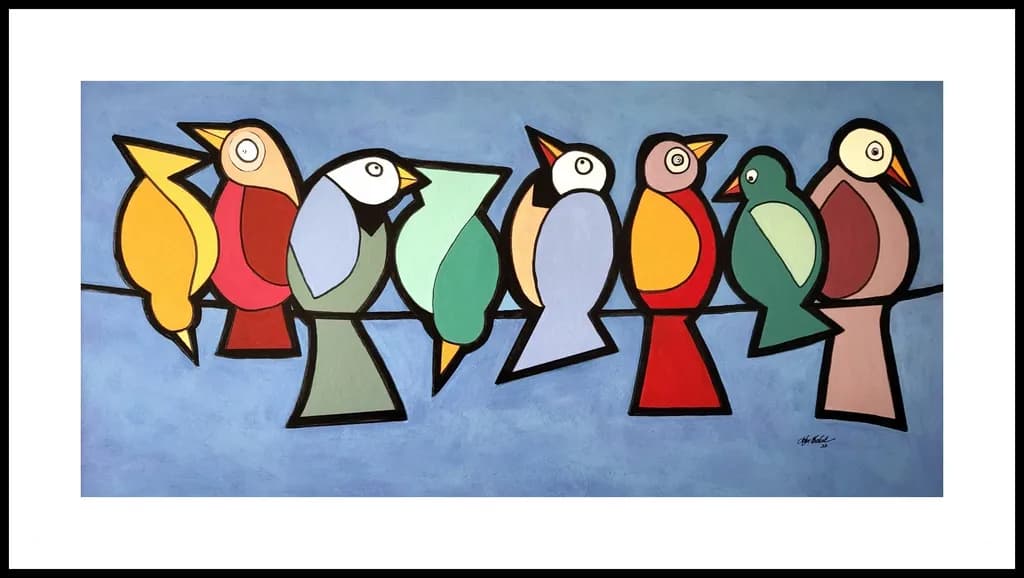 Colorful Harmony: A Whimsical Gathering of Birds on a Wire