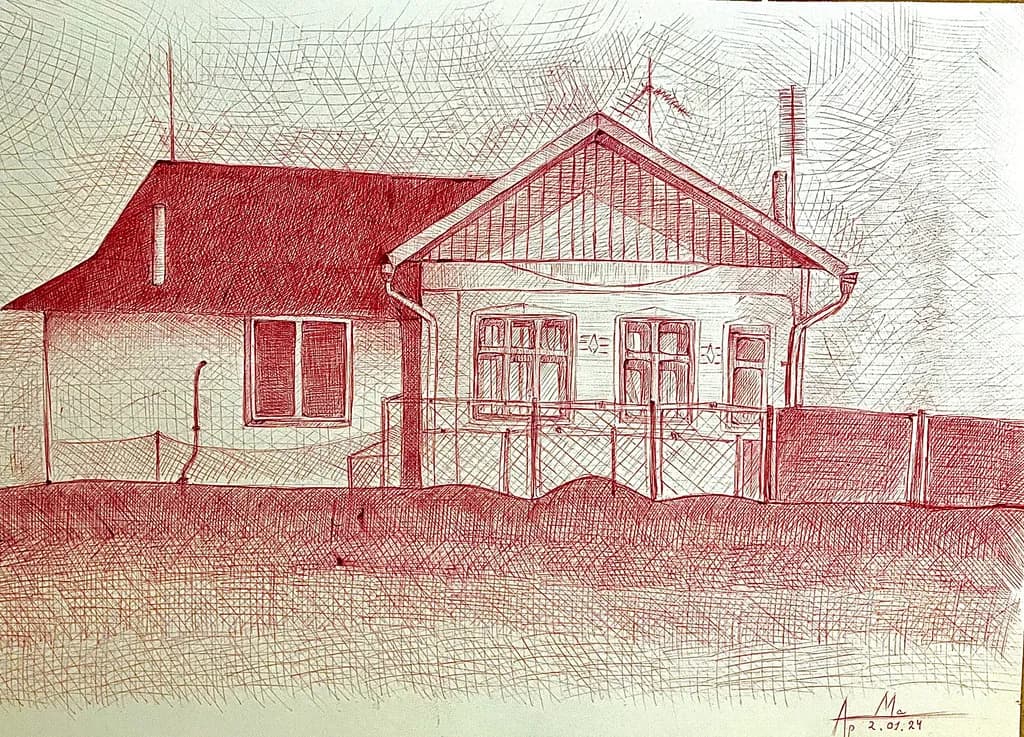 Whispers of Home: A Red-Hued Sketch of Nostalgic Architecture