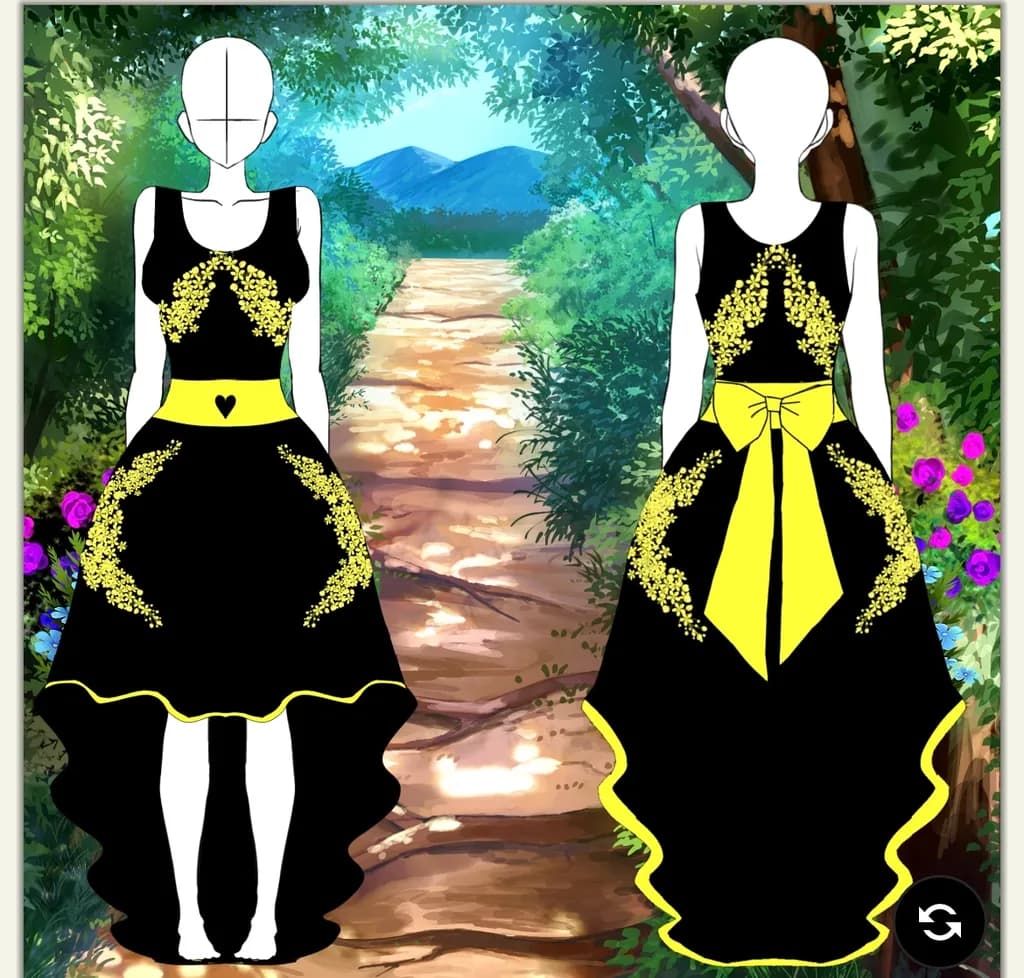 Elegant Black and Yellow Floral Dress Design: A Whimsical Journey Through Nature's Pathway