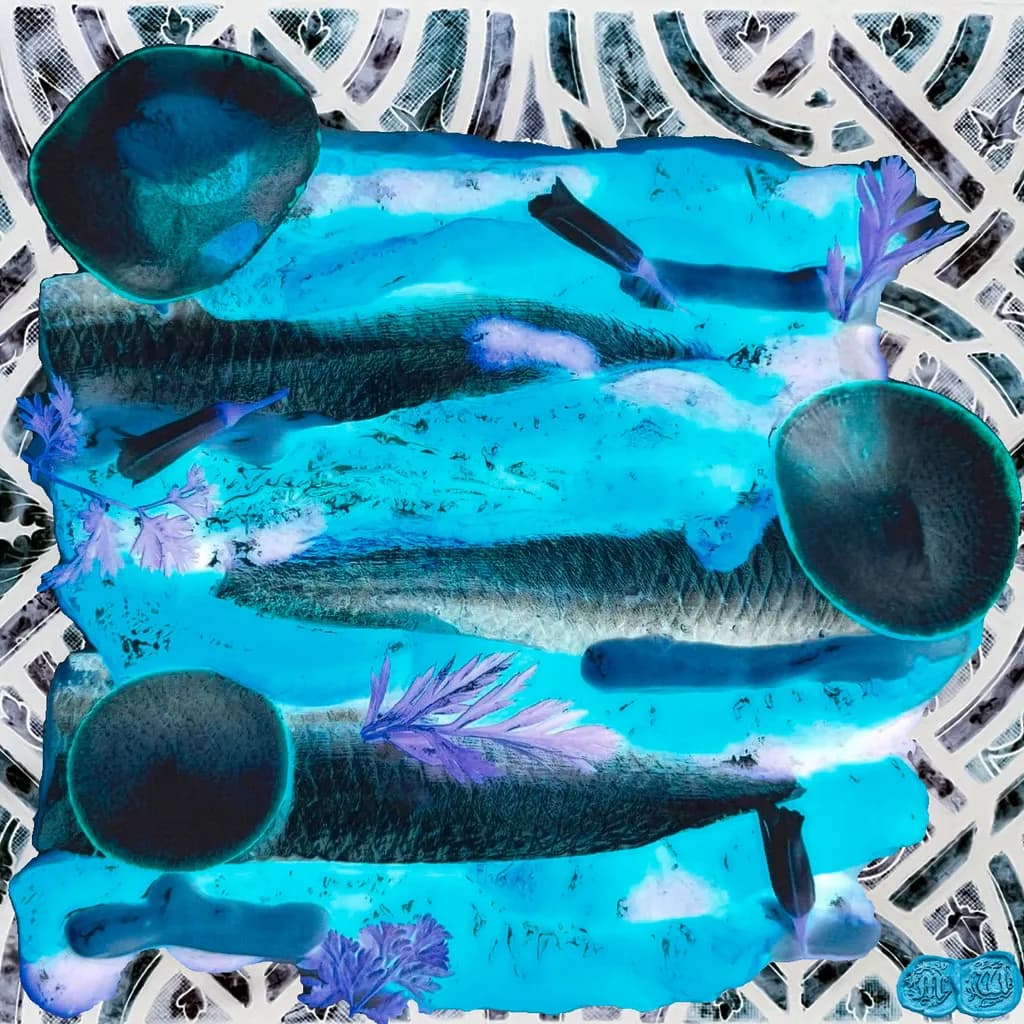 Oceanic Whispers: A Surreal Dance of Fish and Flora in Vibrant Blues and Textures