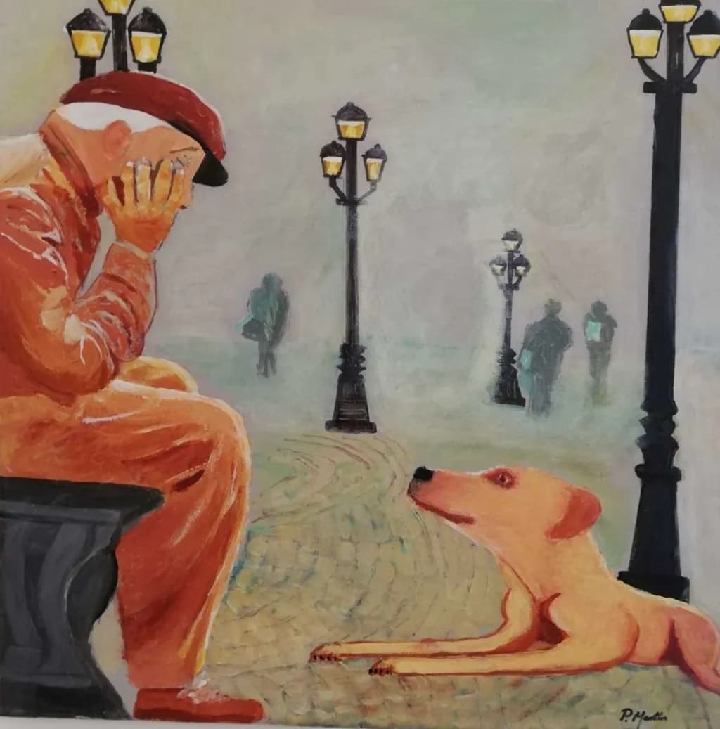 Whispers of Solitude: A Man and His Loyal Companion in the Foggy Evening Light