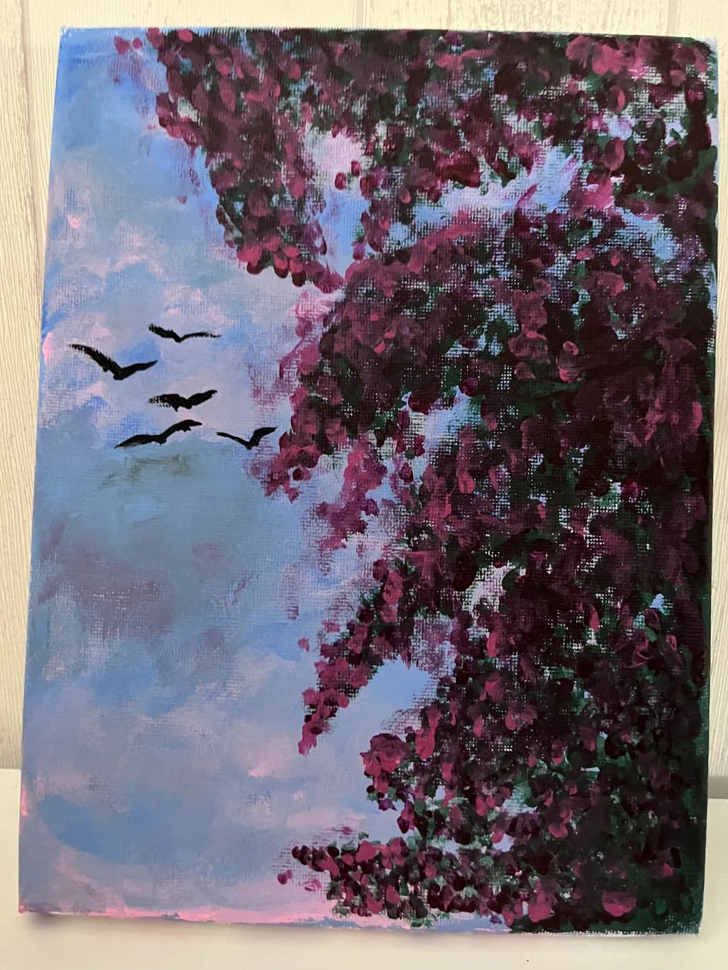Whispers of Nature: A Serene Sky with Birds and Blossoming Trees