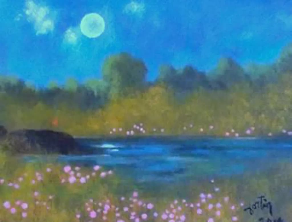 Moonlit Serenity: A Vibrant Landscape of Water and Flowers