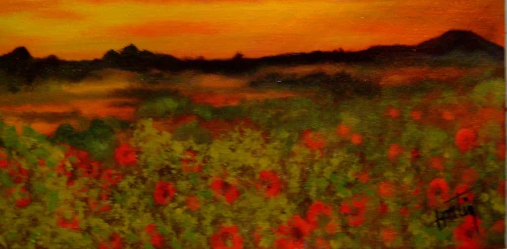 Whispers of Sunset: A Vibrant Poppy Field in Golden Hues