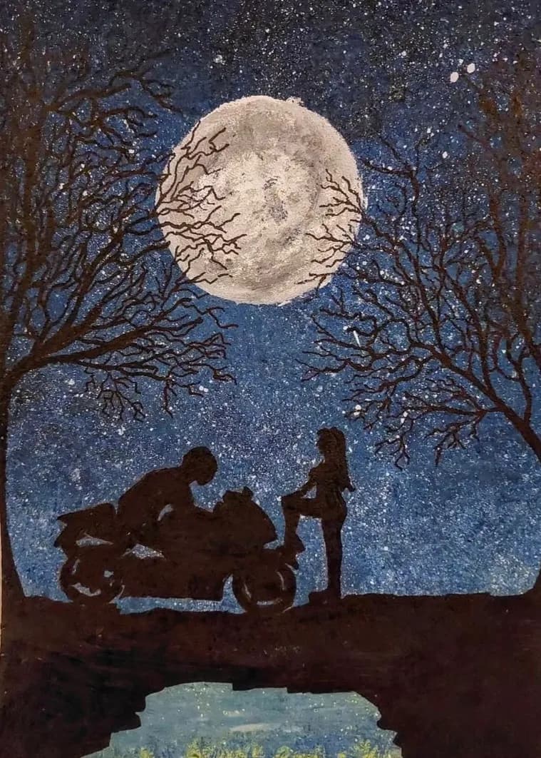 Moonlit Romance: A Silhouette Journey Under the Stars with Motorcycle and Trees