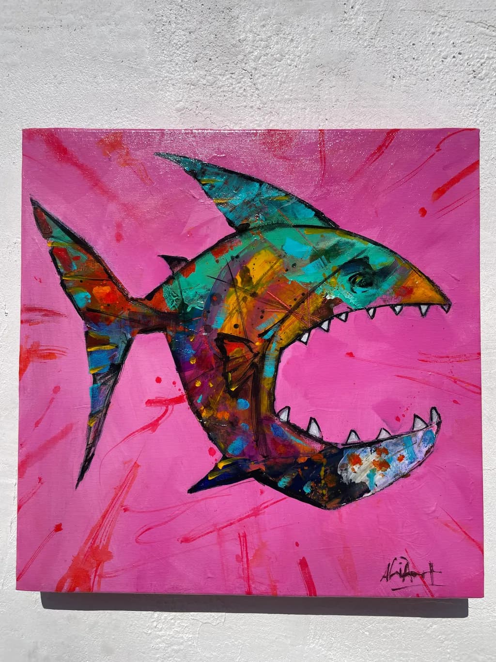Vibrant Predator: A Colorful Shark in Pink Splash